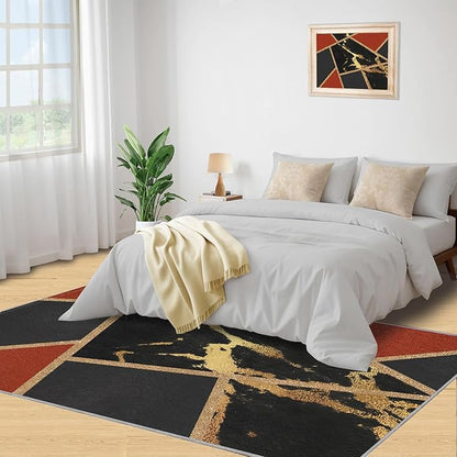 Black Gold Marble Area Rug Modern Abstract Marble Rug Polygonal Geometric Patchwork Carpet 3D Light Luxury Geometric Line Carpet for Living Room Playroom 7x10ft