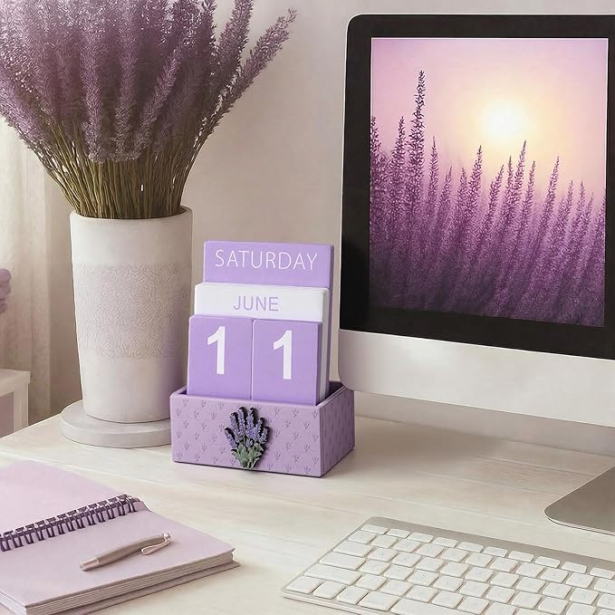 Purple Lavender Wood Block Perpetual Calendar Coquettish Desk Decor Cute Month Week Date Display Decorative Block Calendar for Women Office Home Desk Gift for Women