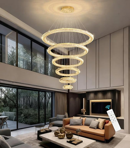 Modern Chandelier 8"+16"+24"+32"+40"+47" 6 Rings Crystal LED Dimmable Lighting Foyer Entryway High Ceiling Living Room Chanderliers Pendant Lights Fixtures Gold Light