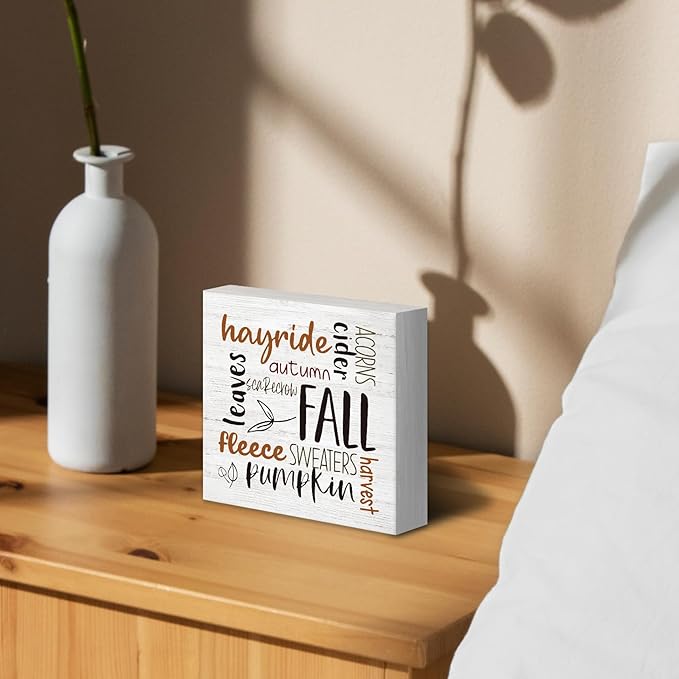 Rustic Fall Autumn Wood Box Sign Desk Decor, Retro Autumn Harvest Decor, Retro Autumn Harvest Wooden Block Sign Decorations for Home Living Room Office Kitchen Wall Tabletop Shelf Decor