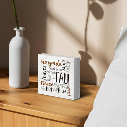 Rustic Fall Autumn Wood Box Sign Desk Decor, Retro Autumn Harvest Decor, Retro Autumn Harvest Wooden Block Sign Decorations for Home Living Room Office Kitchen Wall Tabletop Shelf Decor
