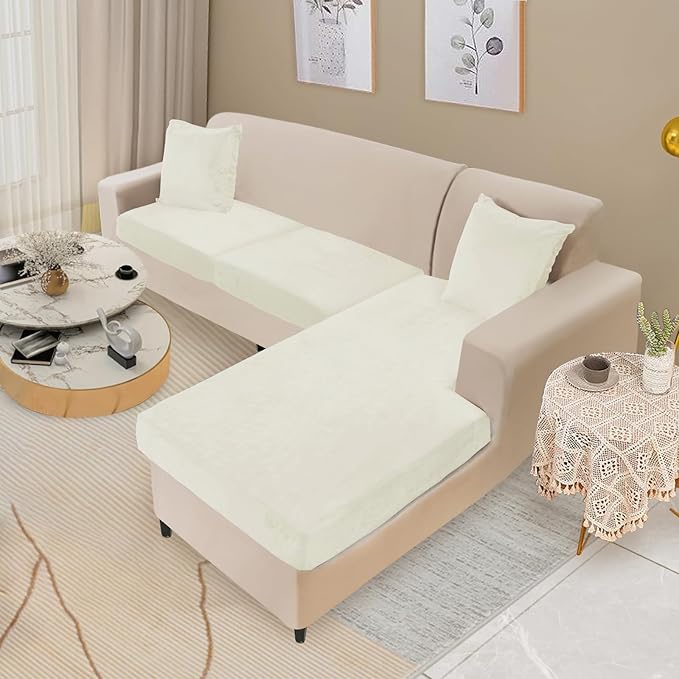 NAISI Sectional Couch Cover 3 Pieces Velvet Separate Couch Cushion Covers L Shape Soft Stretch Sofa Slipcovers with 2pcs Pillowcases for Left/Right Chaise Sectional Couch(2 Seater+1 Chaise,Cream)