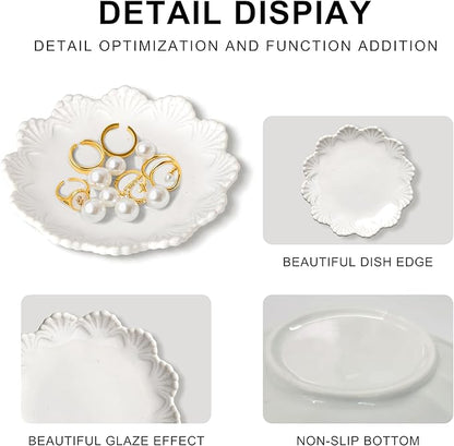 Ceramic Jewelry Dish, Decorative Tray for Rings Earrings Necklaces Bracelet Watch Keys, 4.50" Trinket Tray as Gifts for Women (White Shell)