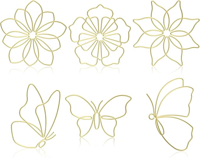 Hotop 6 Pieces Metal Butterfly Wall Decor Metal Wall Art Heart Hanging Decorations Wire Flowers Decals Decor for Kitchen Bathroom Indoor Outdoor Wedding Birthday Party(Stylish,Gold)