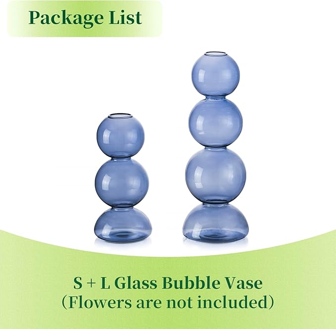 Glass Bubble Vases for Flowers, Hewory 2pcs Light Blue Unique Cute Single Flower Vase for Centerpieces, Funky Aesthetic Vase Skinny Bud Vase, Cool Groovy Decor for Living Room Bedroom Office Tabletop
