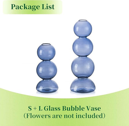 Glass Bubble Vases for Flowers, Hewory 2pcs Light Blue Unique Cute Single Flower Vase for Centerpieces, Funky Aesthetic Vase Skinny Bud Vase, Cool Groovy Decor for Living Room Bedroom Office Tabletop