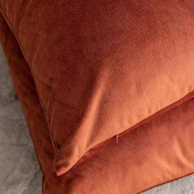 Set of 2 Comfortable Velvet Throw Pillow Cases Decorative Solid Cushion Covers for Sofa Couch and Bed - 20"x20", Rust