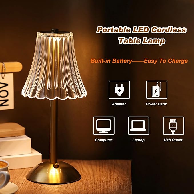 Liliful 1 Pcs Cordless Table Lamp Rechargeable Touch LED Small Gold Portable Battery Operated USB-c Desk Lamp 3 Color Dimmable for Bedroom Living Room Dining (Gold,Rose Style)