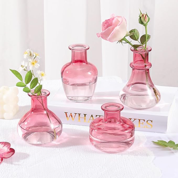Pink Gradient Glass Bud Vase, 10Pcs/Set Modern Decorative Small Mini Flowers Vases, Minimalist Aesthetic Home Decor Vintage Wedding Table Centerpieces for Single Flower Rose