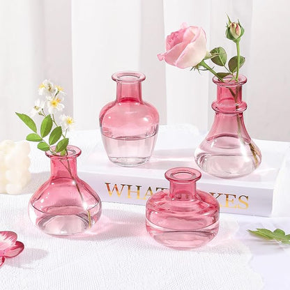 Pink Gradient Glass Bud Vase, 10Pcs/Set Modern Decorative Small Mini Flowers Vases, Minimalist Aesthetic Home Decor Vintage Wedding Table Centerpieces for Single Flower Rose