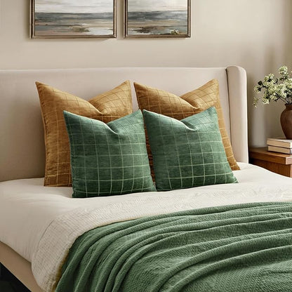 MIULEE Decorative Chenille Check Throw Pillow Covers Vintage Plaid Couch Pillows 18x18 Inch Set of 2 Neutral Boho Cushion Covers Modern Spring Home Decor for Sofa Bed Living Room Moss Green