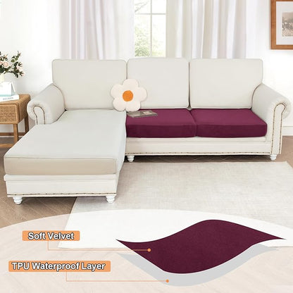 NAISI Waterproof Couch Cushion Covers Thick Velvet Fabric Washable Sofa Slipcovers 2 Pieces Individual Sectional Couch Covers with Elastic Bottom(2 Pcs for 2-Seat or Backrest, Burgundy)