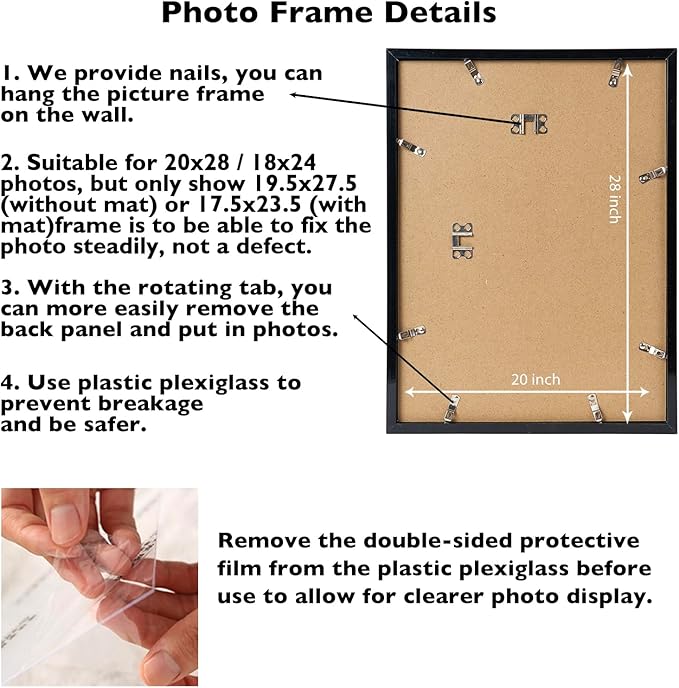 20x28 Picture Frame with 18x24 Mat Set of 2, Display Photo 18x24 with Mat or 20 x 28 Without Mat, Wall Hanging Large 20 by 28 Poster Frame with Plexiglass, 2 Pack, Black