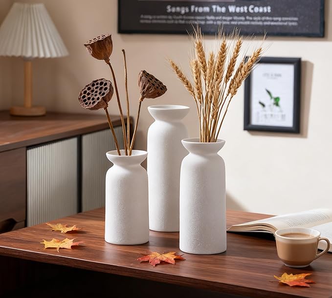 White Ceramic Vase Set of 3 Small Flower Vases for Decor Modern Boho Farmhouse Style Decorative Vases Dried Flowers