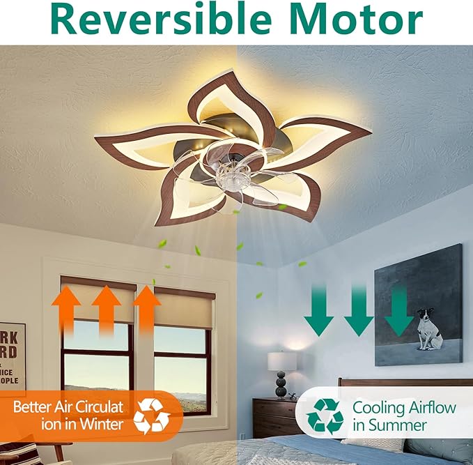HuixuTe 24" Wood Geometric Ceiling Fan with Lights Remote Control, Low Profile Ceiling Fan with Light for Kitchen Bedroom Living Room