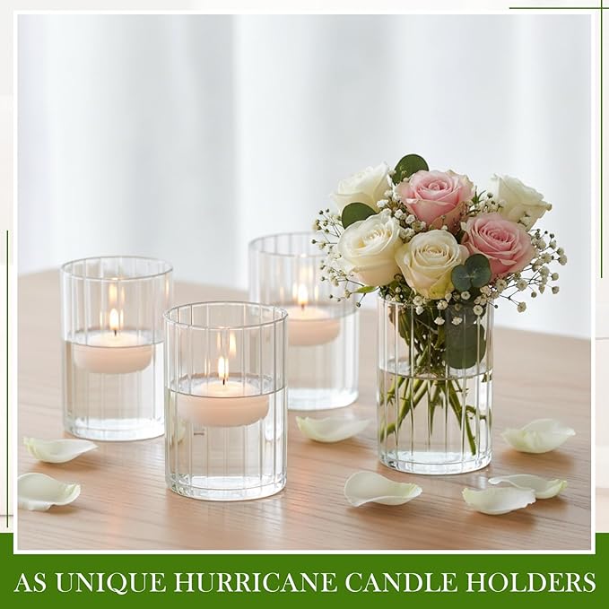 6 Pcs 6 Inch Tall Glass Ribbed Cylinder Vases Clear Floating Candle Flower Vase in Bulk, Hurricane Candle Holder for Wedding Housewarming Gift Table Centerpieces