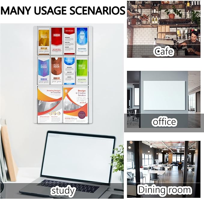 Weysat Acrylic Brochure Holder Wall Mount, Clear Plastic Pamphlet Holder Magazine Display Trifold Flyer Rack Hanging Literature Storage Organizer(2 Magazine Pockets, 8 Pamphlet Pockets)