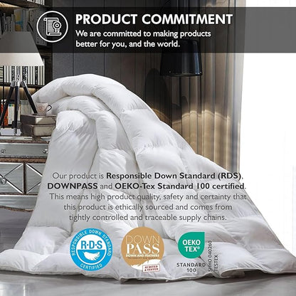 Luxurious Oversized Queen 98" x 98" Size Goose Down Fiber Waterfowl Feather Fiber Comforter Duvet, 100% Egyptian Cotton Cover, 56 oz. Fill Weight, Baffle Box Design, White Solid