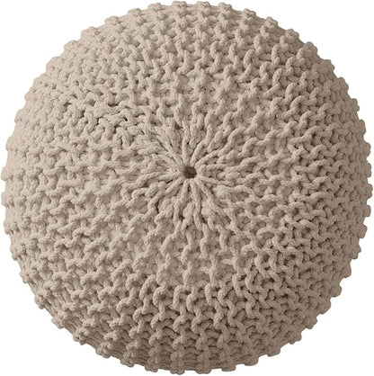 Ornavo Home Pouf Ottoman Foot Rest - 100% Cotton Pouffe - Hand Knitted Cable Braid Cord - Boho Round Stuffed Ottoman for Living Room, Bedroom - Beige
