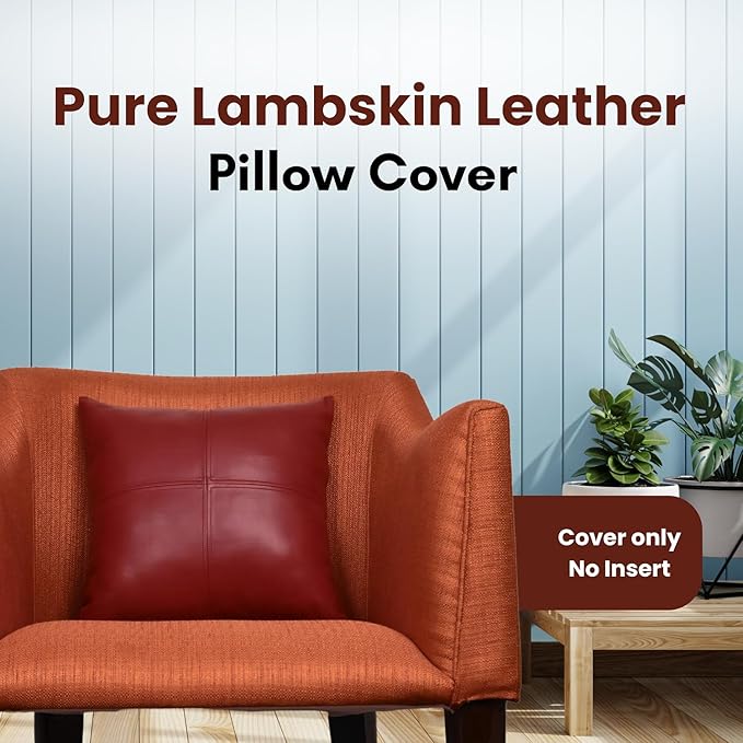 LL LEATHER LOVERS Lambskin Leather Pillow Cover, Hand Panel Stitched Leather Decorative Throw Pillow Covers for Couch Sofa Bed Living Room Garden (14x14 Inches, Reddish Brown Pack of 2)