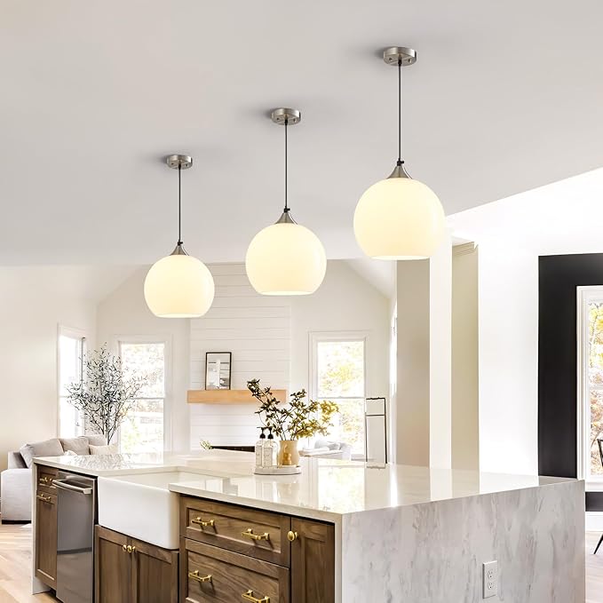 Milky Luster Glass Pendant Lights Kitchen Island Globe Pendant Light Fixtures Modern Pendant Lighting for Bedroom Living Dining Room Light Fixture (7.87 in, 1 Pack)