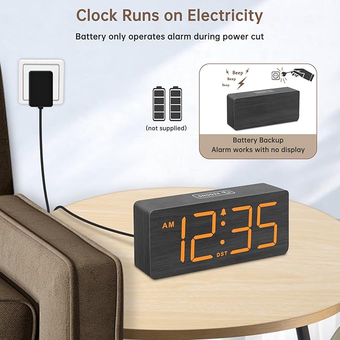 DreamSky Wooden Digital Alarm Clock for Bedroom - Loud Alarm Clock for Heavy Sleepers with Volume Control, Desk Clocks for Living Room with Large Numbers, Dimmer, DST, Wood Decor (Plug in Clock)