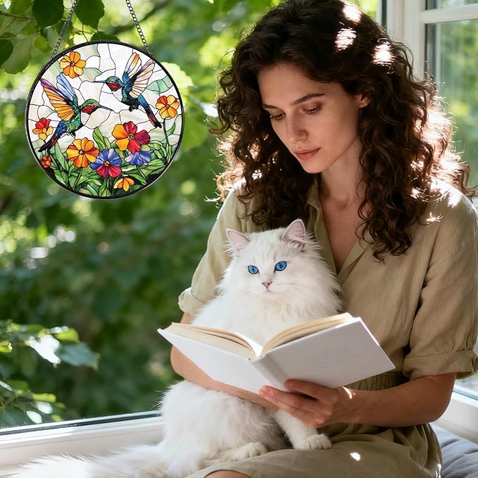 Rngmsi Hummingbird Stained Glass Window Hanging Gifts, 7.8″ Flower Sun Catchers for Indoor Window Decorations, Decorative Suncatchers Home Wall Art Gift for Thanksgiving Christmas Wedding Housewarming