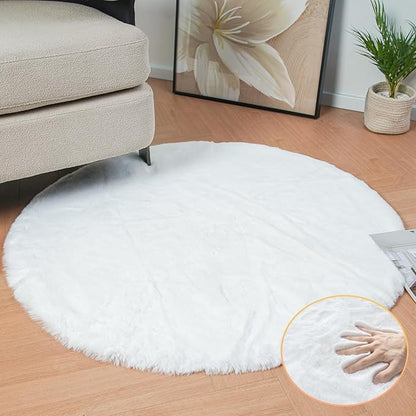 White Faux Rabbit Washable Fur Area Rugs Circle Rugs for Living Room Bedroom Teen Room Fluffy Area Rug 3ft Round Rug