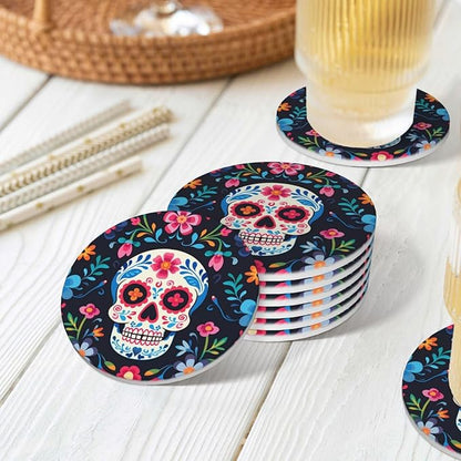 6 Pcs Ceramic Coasters with Holder Absorbent Drink Round Mexican Sugar Skull and Flowers Design for Home Table Coffee Cup Wine Beer Bar,Size 4.4 inches