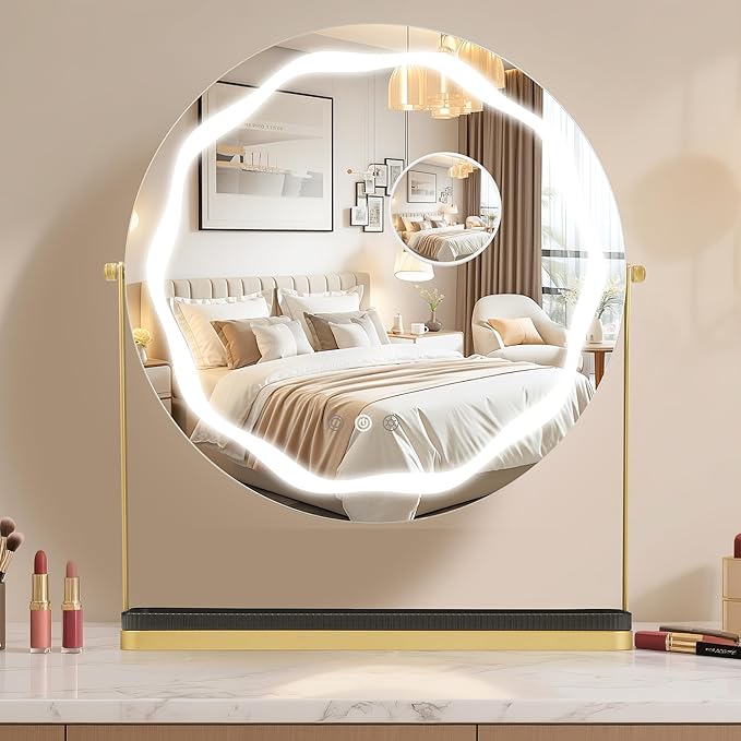 IDEALHOUSE Mirror with Lights, Three Color Adjustable LED Lighting, Removable Storage Case, 360° Rotation, Smart Touch Controls, Suitable for Desks/Bedrooms, Easy Assembly, Gold