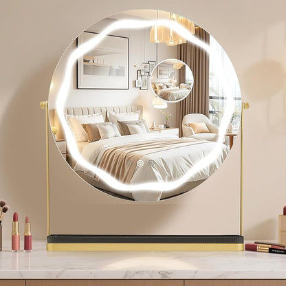 IDEALHOUSE Mirror with Lights, Three Color Adjustable LED Lighting, Removable Storage Case, 360° Rotation, Smart Touch Controls, Suitable for Desks/Bedrooms, Easy Assembly, Gold