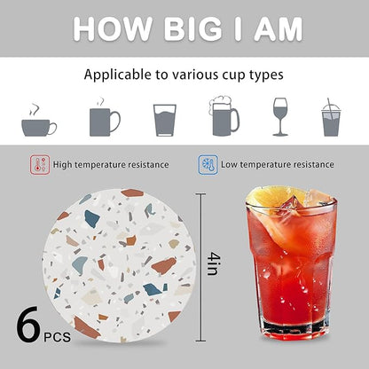 6 Pcs Terrazzo Ceramic Coasters with Holder Absorbent Drink Coasters,Modern Sandstone Round Ceramic Stone Coaster with Cork Base,Tabletop Protection Mat for Mugs and Cups,Office,Kitchen