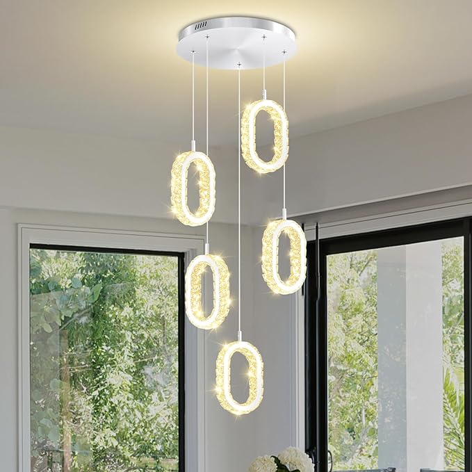 5 Ring Oval Chandelier for Dining Room, Chorme Crystal Chandelier Ring Pendant Light for Kitchen Island,Hallway, Entryway, Passway, Bedroom, Balcony Living Room