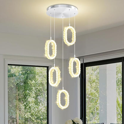 5 Ring Oval Chandelier for Dining Room, Chorme Crystal Chandelier Ring Pendant Light for Kitchen Island,Hallway, Entryway, Passway, Bedroom, Balcony Living Room