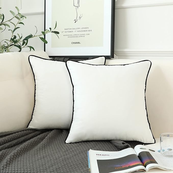 LIGICKY Set of 2 White Velvet Throw Pillow Covers Modern Minimalist Style Solid Decorative Black Rope Edging Soft Square Cushion Cases for Sofa Bedroom Party Décor, 16 x 16 inch