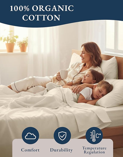 LANE LINEN 100% Organic Cotton California King Sheets Set, 4-Piece Pure Organic Cotton Long Staple Percale Weave Soft Best Bedding Sheets for Bed, Breathable, Fits Mattress Upto 15" Deep - Natural