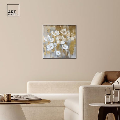 Art Remedy Golden Daisies Canvas Elegant White Gold Wall Art, Black Frame, 30" x 30"