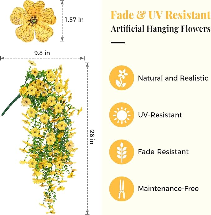 2 PCS Artificial Hanging Fall Flowers for Outdoors Decorations, Yellow Realistic Faux Silk Daisy with Eucalyptus, UV Resistant Fake Mums for Autumn Home Decor Patio Porch Window Box Front Door