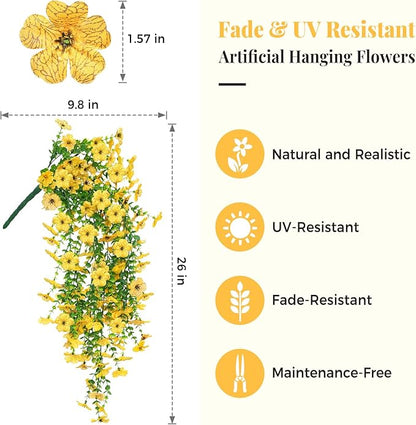 2 PCS Artificial Hanging Fall Flowers for Outdoors Decorations, Yellow Realistic Faux Silk Daisy with Eucalyptus, UV Resistant Fake Mums for Autumn Home Decor Patio Porch Window Box Front Door