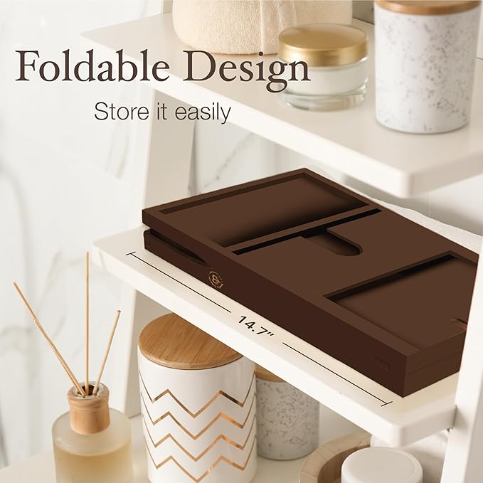 Wooden Bathtub Tray - Foldable & Expandable Bamboo Bath Tray for Tub with Wine Holder, Book & Tablet Stand - Bath Caddy Tray for Bathtub, Spa Bath Accessories, Tub Tray Table, (Brown)