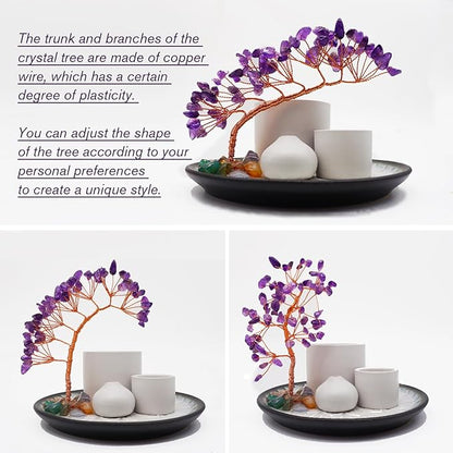 5 in 1 Incense Burner Holder with Crystal Tree for Burning Palo Santo Stick, Sage, Incense Sticks, Candle, Ceramic Tray Ash Catcher, Meditation Gift (Purple)
