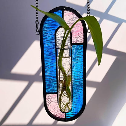 LITMIND Stained Glass Plant Propagation Station, Hanging Hydroponic Planter Terrarium with 2 Glass Tubes - Perfect for Home & Garden Décor