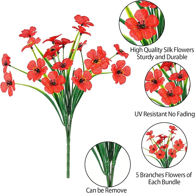 MACTING Artificial Flowers for Outdoors Fake Spring Flowers UV Resistant No Fade Faux Plastic Flowers for Hanging Planters Window Patio Porch Yard Garden Home Indoor Outside Summer Decorations(Red)