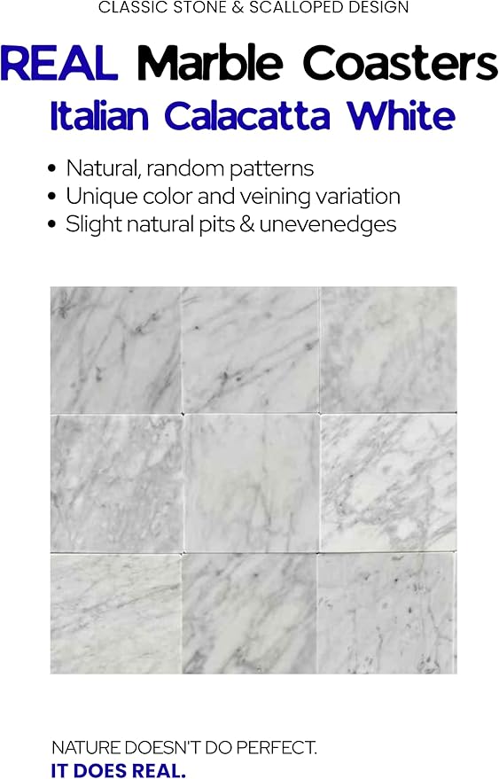 Marble Coasters Set of 4 - Natural Stone Coaster for Drinks, Modern Cup Holders, Bar Coffee Table Desk Decor, Cool Home Decor 4" (Calacatta White, Scalloped Square)