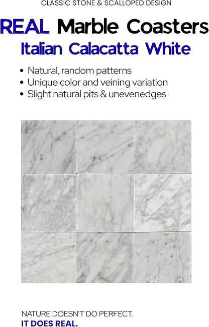 Marble Coasters Set of 4 - Natural Stone Coaster for Drinks, Modern Cup Holders, Bar Coffee Table Desk Decor, Cool Home Decor 4" (Calacatta White, Scalloped Round)