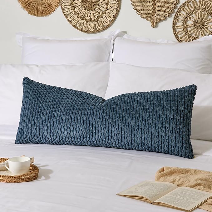 Kevin Textile 20x54 Inch Long Body Lumbar 1 Pack Boho Decorative Throw Pillow Cover Soft Striped Corduroy Rectangle Cushion Case Farmhouse Accent for Living Room Couch Sofa Bed, Blue