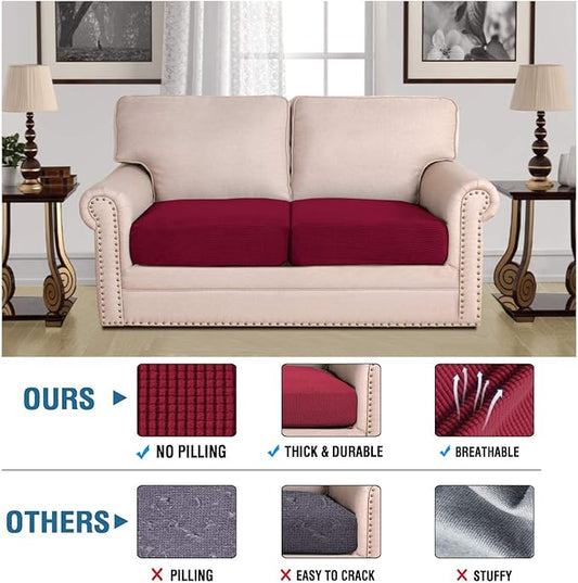 H.VERSAILTEX Super Stretch Individual Seat Cushion Covers Sofa Covers Couch Cushion Covers Slipcover Sets Thick Jacquard Textured Twill Fabric (2 Piece Medium Sofa Cushion Covers, Burgundy Red)