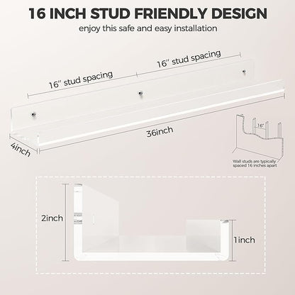 HBlife 36 Inches Invisible Wall Floating Bookshelf for Kids and Nursery, 16 Inch Stud Spacing Clear Acrylic Shelves for Figures, 3 Pack (5MM Thick)