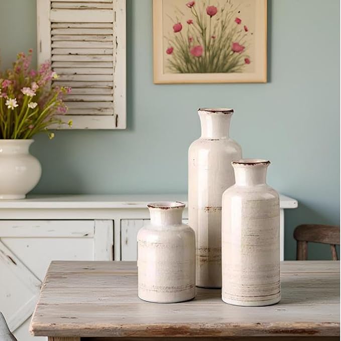 Ceramic Flower Vase Set of 3 - Small Porcelain Vase Set,Modern Minimalist Smooth Ceramic Table Flower Vases for Home Decor,Decorative Centerpiece for Living Room,Bedroom,Dining Table,Fireplace Mantle