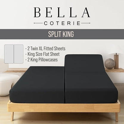 Bella Coterie Luxury Bamboo Viscose Split King Size Sheet Set | 2 Fitted Sheets for Sleep Number & Adjustable Beds | 100% Organically Grown | Cooling & Ultra Soft | 18” Deep Pocket [Black]